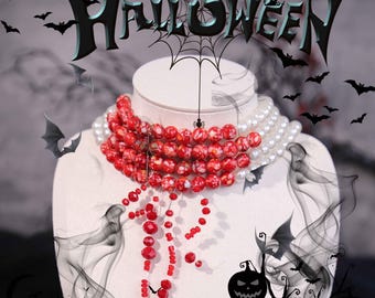 Gargantilla de vampiro con perlas sangrientas: Collar gótico de Halloween