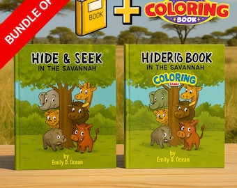 May include: A bundle offer featuring two children's books. One book is titled "Hide & Seek in the Savannah" and the other is a coloring book with the title "Hiderig Book in the Savannah Coloring". Both books have illustrations of savanna animals.