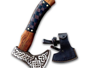 Hand-Forged Viking Hatchet | Carbon Steel Bearded Axe with Leather Sheath