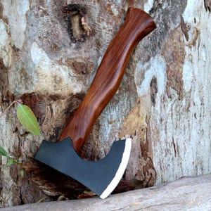 May include: A small axe with a dark brown wooden handle and a black head with a white blade edge. The axe is leaning against a tree trunk with a rough, textured bark.