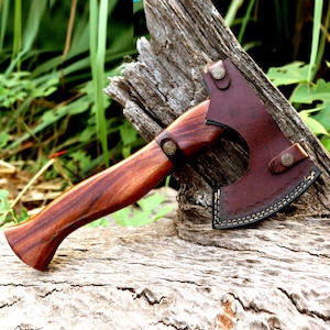 13&quot; Hand-Forged Hatchet Axe with Beech Handle & Leather Sheath – Camping, Bushcraft, Wood Chopping, Splitting and  Carving Tool MYN-D-11