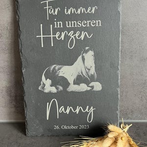 Puede incluir: Una placa rectangular de pizarra gris oscuro con la imagen grabada de un caballo tumbado. El texto dice "F&uuml;r immer in unseren Herzen", "Nanny" y "26. Oktober 2023". La placa tiene un borde de piedra natural rugoso y una superficie plana.