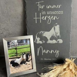 Puede incluir: Una placa rectangular de pizarra gris oscuro grabada con el texto "F&uuml;r immer in unseren Herzen", "Nanny" y "26. Oktober 2023" junto a una ilustraci&oacute;n de un caballo, acompa&ntilde;ada de un marco plateado con una foto de dos caballos y hierba seca.