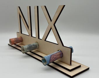 Cash gift, Nix, wish fulfillment, wedding, birthday, gift, wooden gift, gift wrapping, display