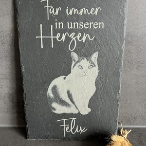 Puede incluir: Una placa rectangular de pizarra gris oscuro con una ilustraci&oacute;n grabada de un gato sentado. El texto "F&uuml;r immer in unseren Herzen" est&aacute; grabado sobre el gato, y el nombre "Felix" est&aacute; grabado debajo en una fuente blanca cursiva.
