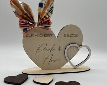 Money gift for wedding, heart, personalized, wedding, love, gift, wooden gift, gift wrapping, display