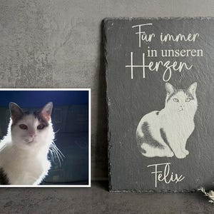 Puede incluir: Una placa rectangular de pizarra gris oscuro con una ilustraci&oacute;n blanca grabada de un gato sentado. Sobre el gato, el texto dice "F&uuml;r immer in unseren Herzen" y debajo del gato, el nombre "Felix" est&aacute; grabado en letras blancas.