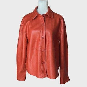 Vintage Red Leather Shirt Jacket – Button-Up Soft Genuine Leather Shacket, 90s Boxy Fit Minimalist Outerwear for Women