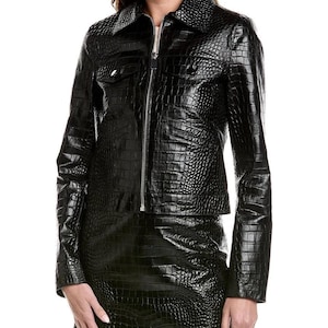 Black Genuine Crocodile Leather Jacket for Women – Zip-Up Croc Embossed Moto Jacket – Shiny Vegan Leather Outerwear