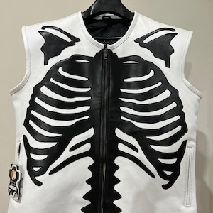 Men’s Black Fashion Skeleton Leather Rib Bones Riding Jacket Real Cowhide Leather Jacket
