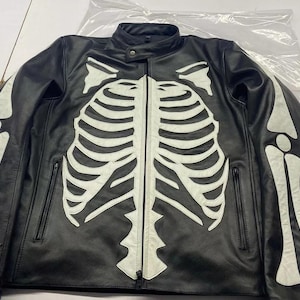 Men’s Black Skeleton Bones Leather Ribs Riding Jacket Real Cowhide Leather Fashion Jacket