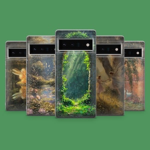May include: A collection of five phone cases with fantasy art. Each case features a different scene, including fairies, a forest path, and a pond. The cases have a dark gray border and a green background.