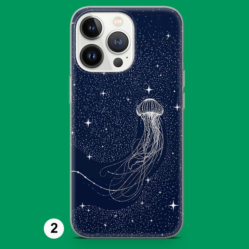May include: A navy blue phone case with a white jellyfish illustration and a starry night sky background. The design includes a detailed jellyfish and numerous white dots and stars. The case has a clear border and a camera cutout.