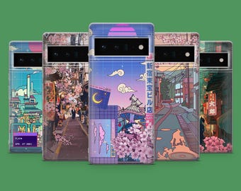 May include: Five phone cases with vibrant Japanese-inspired designs. Each case showcases a unique illustration, including cityscapes, cherry blossoms, and a crescent moon. The cases have a glossy finish and are set against a green backdrop.