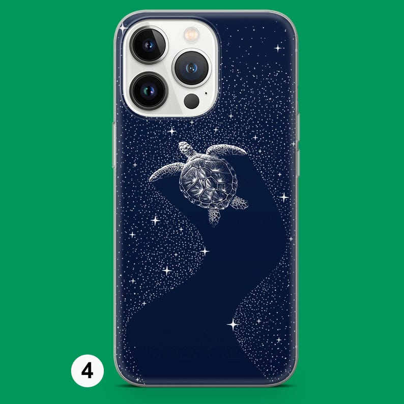 May include: A navy blue phone case with a white illustration of a sea turtle against a starry night sky. The case has a clear border and is designed for a smartphone.