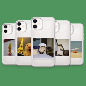 May include: A collection of white phone cases, each featuring a different image. The images include a hamster with sunglasses, a hamster in a chef's hat, and a hamster with a gun. Other images include a yellow bird and the Eiffel Tower.