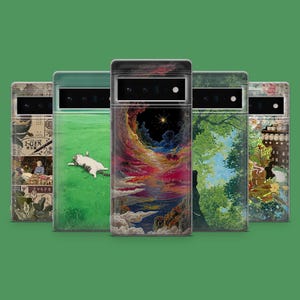 May include: A collection of five phone cases with unique artistic designs. The cases feature various illustrations, including a cat on grass, a starry night scene, and Japanese-style artwork. The cases are displayed against a green background.