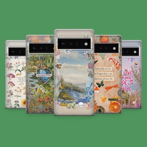 May include: Five phone cases with various designs, including floral, landscape, and artistic illustrations. Text overlays feature phrases such as "everything, in time" and "how silly of me". The cases are presented against a green backdrop.