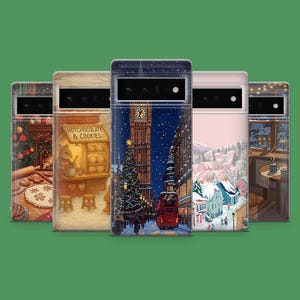 May include: A collection of five phone cases with winter-themed illustrations. Designs include a Christmas tree, a hot chocolate shop, a snowy London scene with Big Ben, a snow-covered village, and a cozy cafe.