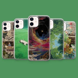 May include: A collection of five phone cases with various artistic designs. The cases feature vibrant illustrations, including a starry night, a landscape with a cat, and floral patterns. The cases are displayed against a green background.