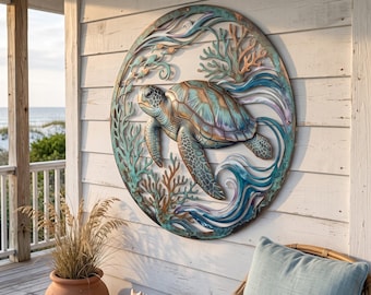 Coastal Turtle Metal Wall Art, Ocean Yard Sign, Nautical Outdoor Decor