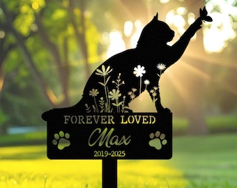 Gepersonaliseerde metalen kattengrafmarkering, aangepaste kat herdenkingspaal met bloemen, kattentuindecor, aangepaste katnaam metaal, kunst buiten in de tuin