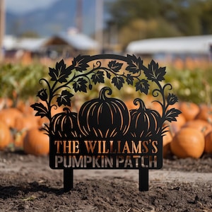 Op de afbeelding: Zwart metalen bord voor een pompoenveld met drie pompoenen en bladeren. Het bord leest "THE WILLIAMS'S PUMPKIN PATCH". Het bord staat in de grond, met een vage achtergrond van pompoenen.