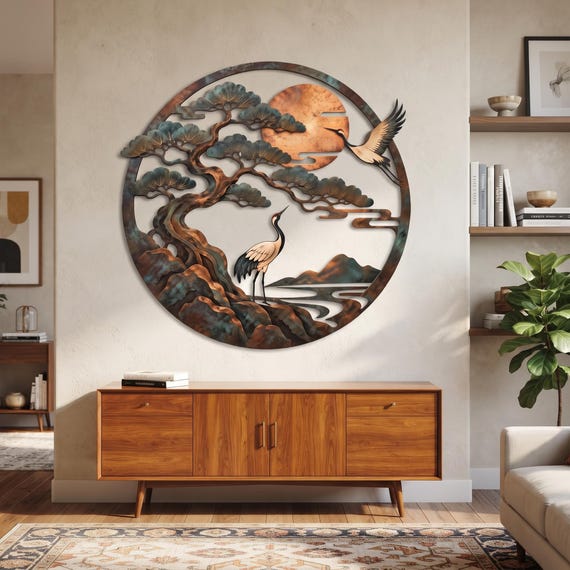 Crane and Pine Tree Metal Wall Art, Japanese Zen Wall Decor, Asian Nature Wall Hanging, Rustic Landscape Art, Housewarming Gift