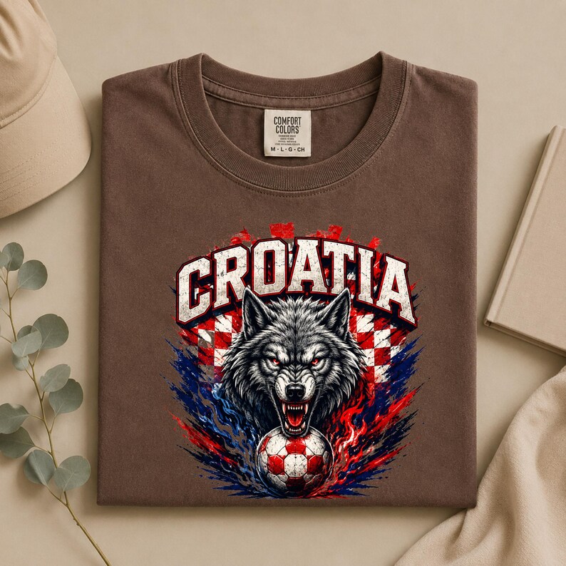 May include: A brown short-sleeve t-shirt with a graphic print featuring a snarling wolf head above a soccer ball. The design includes the text CROATIA in white block letters over a red and white checkered pattern with blue and red flame accents.