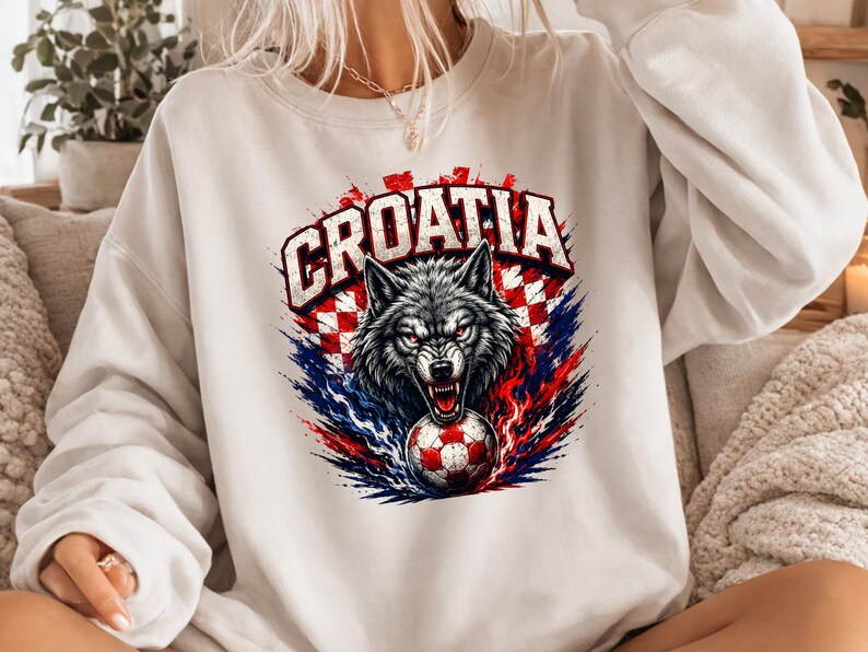 May include: A white crewneck sweatshirt featuring a graphic print of a snarling wolf head above a soccer ball. The design includes the text CROATIA in bold letters, set against a red and white checkered pattern with blue and red paint splatter effects.