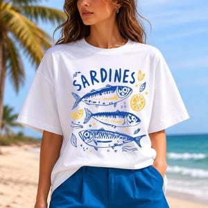 Sardines Shirt, Coastal Graphic Tee, Mediterranean Summer Shirt, Vintage Fish T Shirt, Amalfi Coast Tee, Foodie Gift, Comfort Colors Tee image 5
