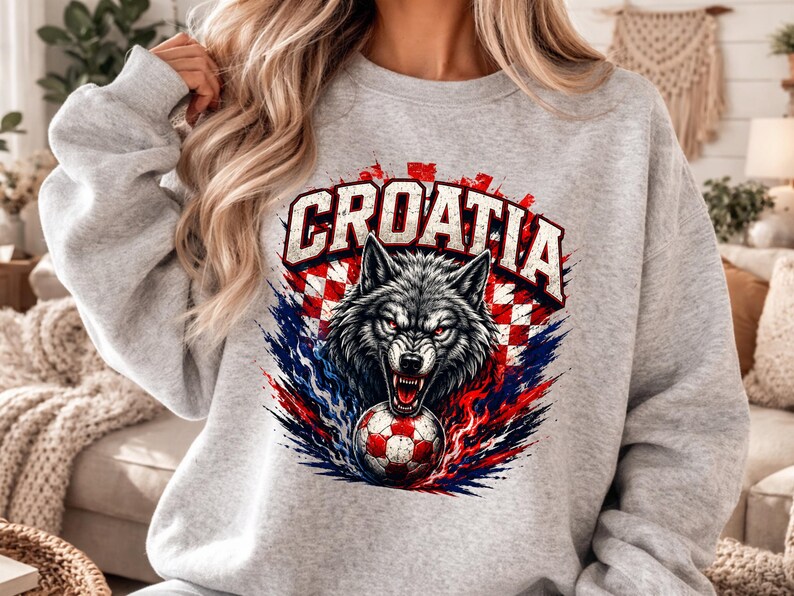 May include: A light gray crewneck sweatshirt featuring a graphic print of a snarling wolf head above a soccer ball. The design includes the text CROATIA in bold white letters, set against a red and white checkered pattern with blue accents.