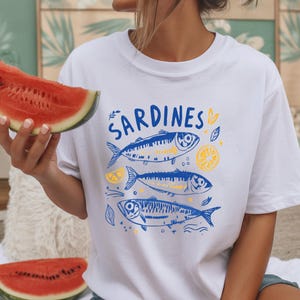 Sardines Shirt, Coastal Graphic Tee, Mediterranean Summer Shirt, Vintage Fish T Shirt, Amalfi Coast Tee, Foodie Gift, Comfort Colors Tee image 2