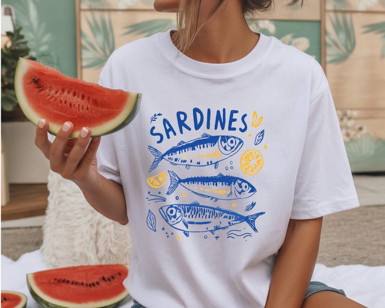 Sardines Shirt, Coastal Graphic Tee, Mediterranean Summer Shirt, Vintage Fish T Shirt, Amalfi Coast Tee, Foodie Gift, Comfort Colors Tee image 2
