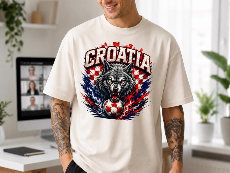 May include: An off-white short-sleeve t-shirt featuring a graphic print of a snarling wolf with red eyes positioned above a soccer ball. The design includes the word CROATIA in bold letters set against a red and white checkered background.