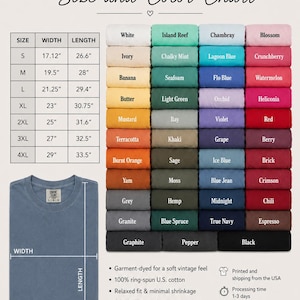 May include: A Comfort Colors 1717 t-shirt size and color chart. It displays a table with width and length measurements in inches for sizes S to 4XL, a grid of various colored fabric swatches, and a blue t-shirt diagram with dimension labels.