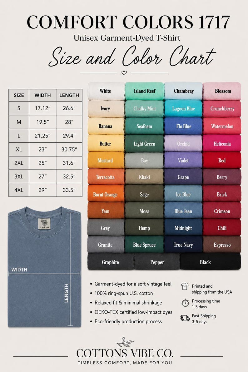 May include: A Comfort Colors 1717 t-shirt size and color chart. It displays a table with width and length measurements in inches for sizes S to 4XL, a grid of various colored fabric swatches, and a blue t-shirt diagram with dimension labels.
