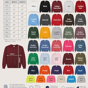 May include: A Gildan Heavy Blend 18000 crewneck sweatshirt size and color chart. The image displays a table of sizes from XS to 5XL with width and length in inches, a grid of various colored sweatshirts, and icons detailing fabric specifications.