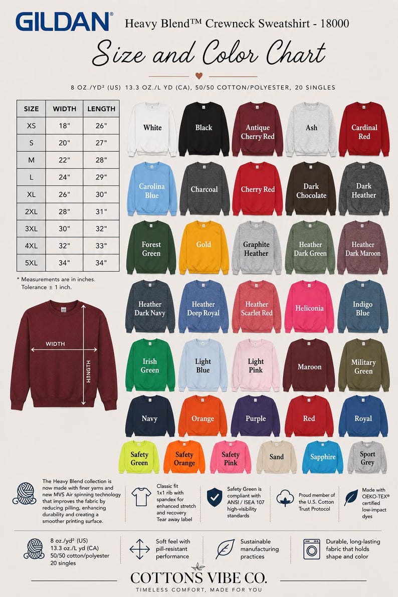 May include: A Gildan Heavy Blend 18000 crewneck sweatshirt size and color chart. The image displays a table of sizes from XS to 5XL with width and length in inches, a grid of various colored sweatshirts, and icons detailing fabric specifications.