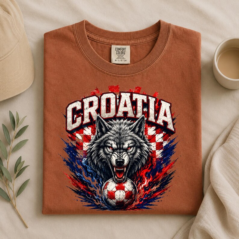 May include: A rust-colored t-shirt featuring a graphic of a snarling wolf head above a soccer ball. The word CROATIA is printed in large white letters above the wolf. The background of the graphic includes a red and white checkered pattern.