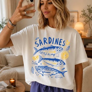 Sardines Shirt, Coastal Graphic Tee, Mediterranean Summer Shirt, Vintage Fish T Shirt, Amalfi Coast Tee, Foodie Gift, Comfort Colors Tee image 10