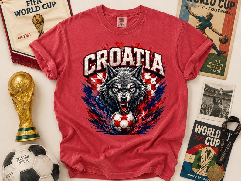 May include: A red short-sleeve t-shirt featuring a graphic of a snarling wolf head above a soccer ball. The text CROATIA is printed in white above the wolf. The design includes red and white checkered patterns and blue flame accents.