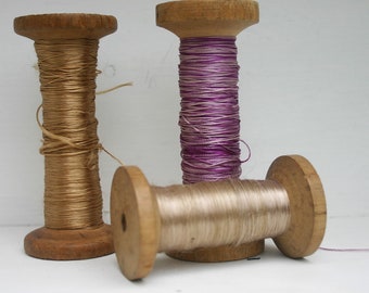 Wooden Spools with coloured silks Vintage Sewing