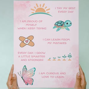 Build Confidence Learning Growth Positive Affirmations for Girl’s bedroom Digital Wall Art Booster Poster Canvas Pink Butterfly Proud Learn