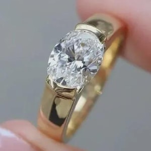 2 CT Oval Cut Engagement Ring, East-West Oval Cut Moissanite Engagement ring of Half Bezel Set, Solitaire Wedding Ring, Gift For Her