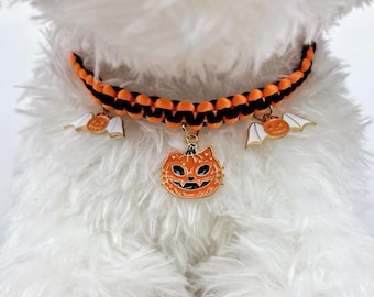Halloween Cat Collar: Woven Pumpkin & Bat Charm, Adjustable Pet Necklace