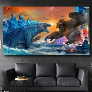 Decorazione murale "Re Gorilla", decorazione murale "Guerra dei Gorilla", decorazione da guerra con animali, arte con dinosauri atomici, gorilla mostruoso, tela da parete con battaglia tra mostri giganti