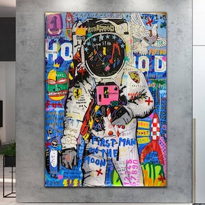 Banksy astronaut 3D canvas muurkunst - ruimtevaarder graffiti decor, woonkamer kunstwerk, uniek cadeau voor hem, astronaut graffiti muur decor, canvas