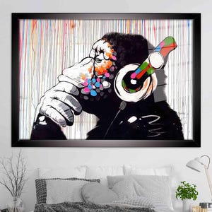 Banksy Thinking Monkey, Monkey Graffiti Art, Canvas Wall Art, Home Decor, Banksy Wall Art, Framed Canvas, Home Decor, Wise Monkey Wall Art