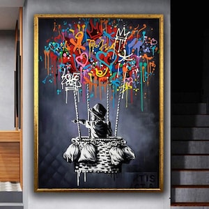 Banksy Boy Flying With Balloon Canvas, Banksy Glass Wall Art, Banksy Balloon Canvas, Balloon Poster, Wall Art Canvas, Reayd To Hang